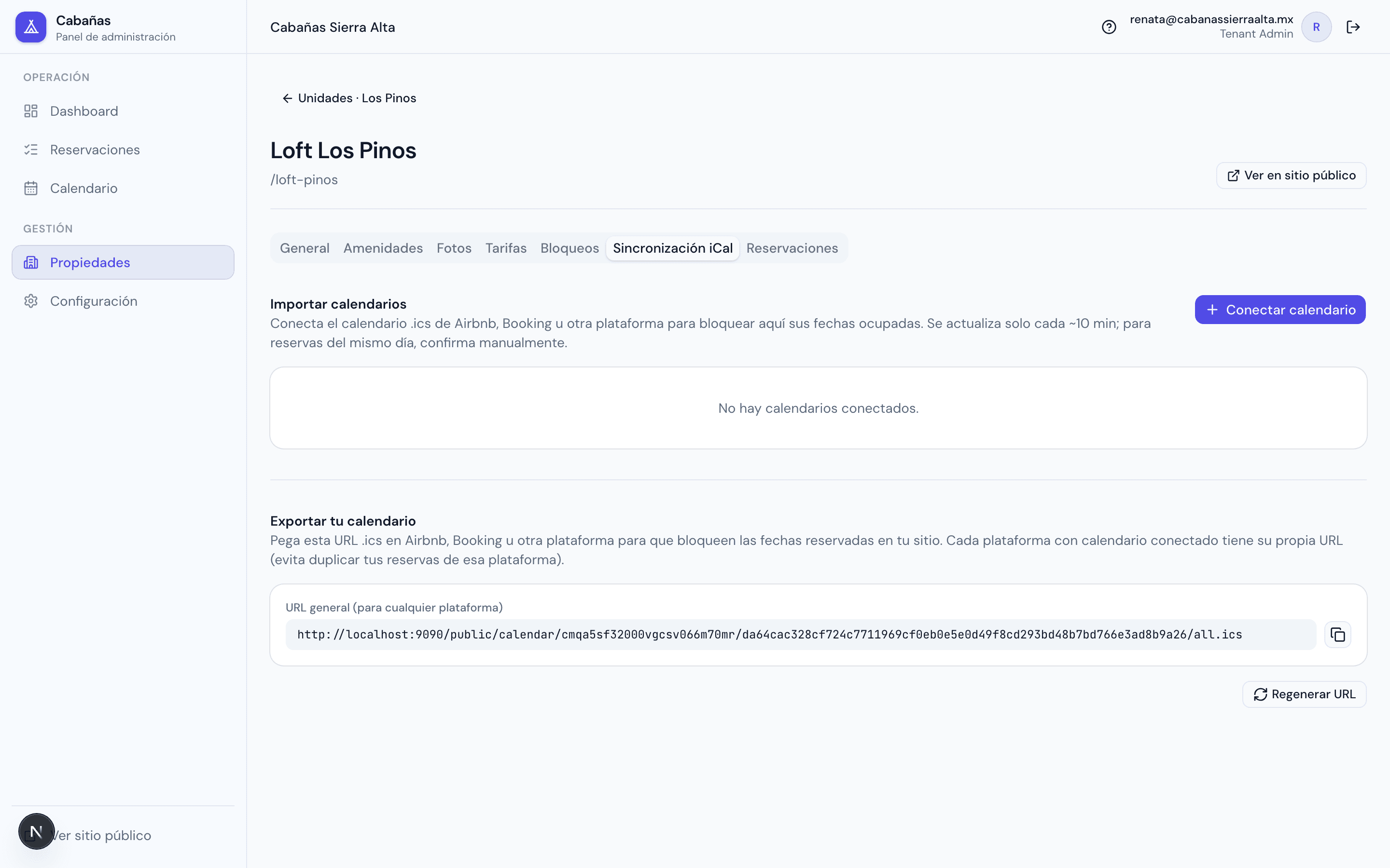 Tab de sincronización iCal del editor de unidad: conectar calendarios de Airbnb/Booking para importar y URL de exportación copiable.