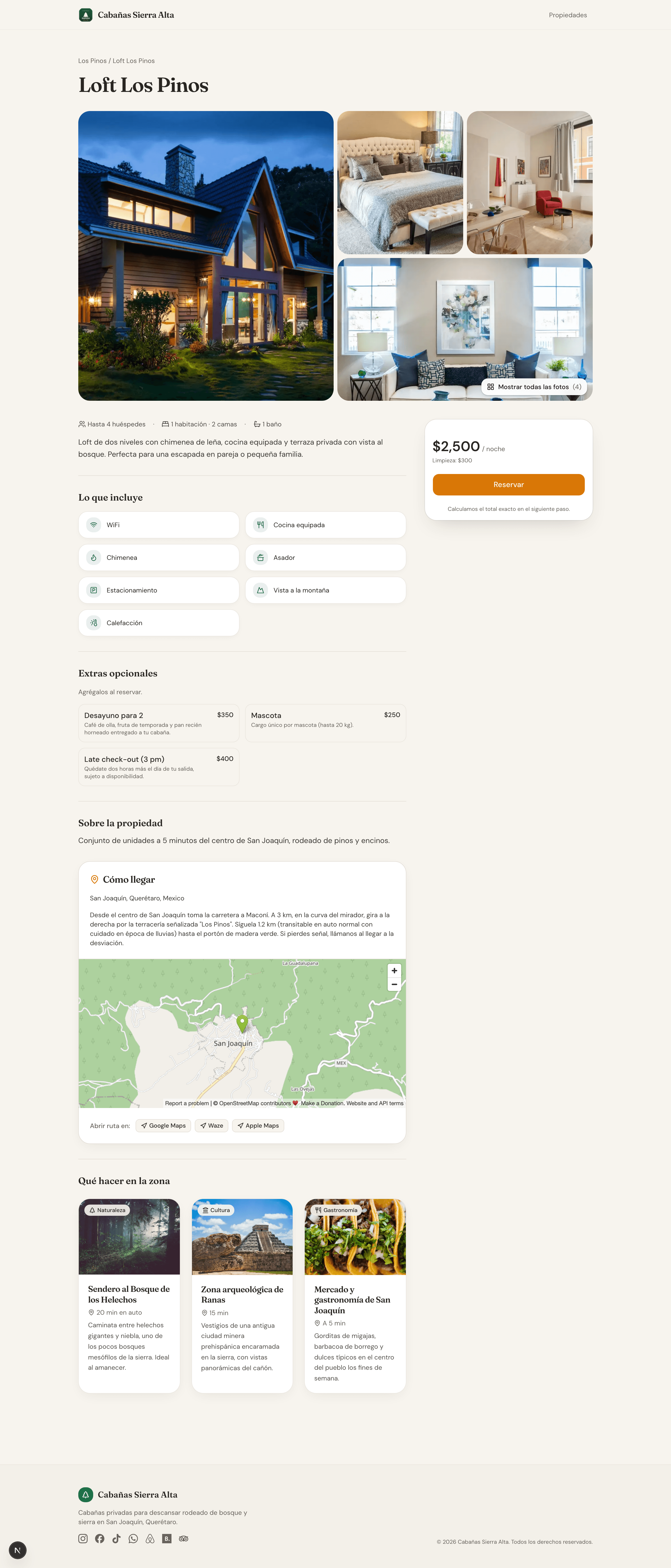 Ficha de unidad con galería, amenidades, mapa y buscador de reserva.